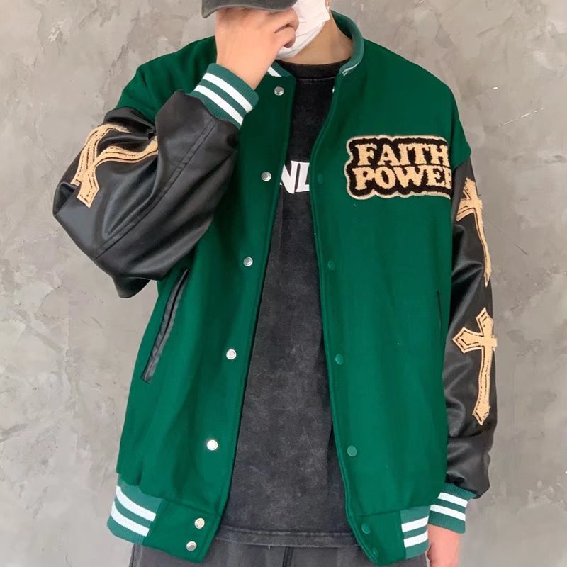 Áo khoác bomber vải da thêu họa tiết chữ thập thời trang cho nam áo khoác nỉ hai lớp |