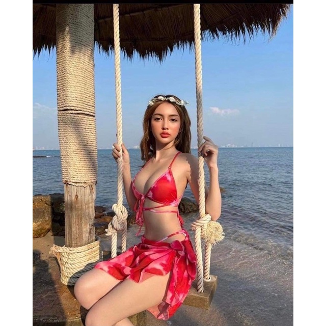 [Ảnh Thật Kèm Feedback ] Set bikini 3 món loang đỏ kèm khăn voan cao cấp