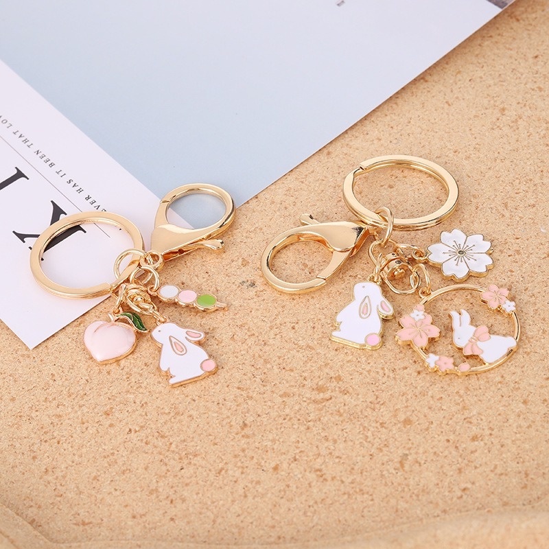 Móc khóa QIHE JEWELRY hình thỏ và hoa hồng hoạt hình đáng yêu xinh xắn