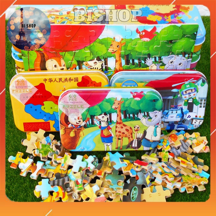 Bộ Đồ Chơi Tranh Ghép Hình Puzzle Bằng Gỗ 60 Miếng Cho Bé Với Hộp Đựng Bằng Thiếc Giúp Bé Phát Triển Trí Thông Minh