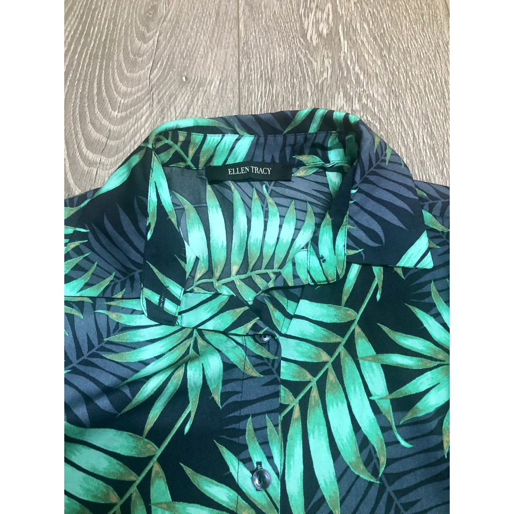 Áo Sơ Mi Nam ELLEN TRACY Tôn Navy In Hoa Lá Xanh Tay Ngắn Không Túi