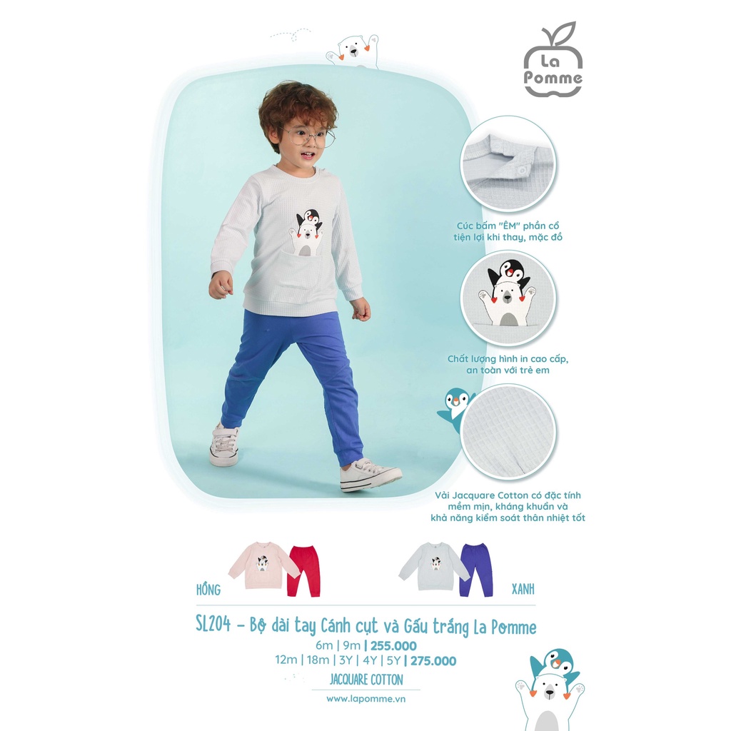 Bộ La Pomme Cotton dài tay cánh cụt và gấu trắng cao cấp mềm mịn thấm hút tốt cho bé trai bé gái SL204