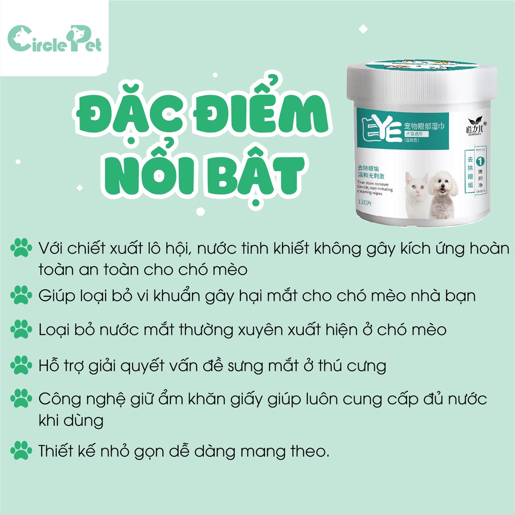 Khăn ướt lau mắt ố bẩn, khăn ướt lau tai cho chó mèo hộp 130 miếng - CirclePet