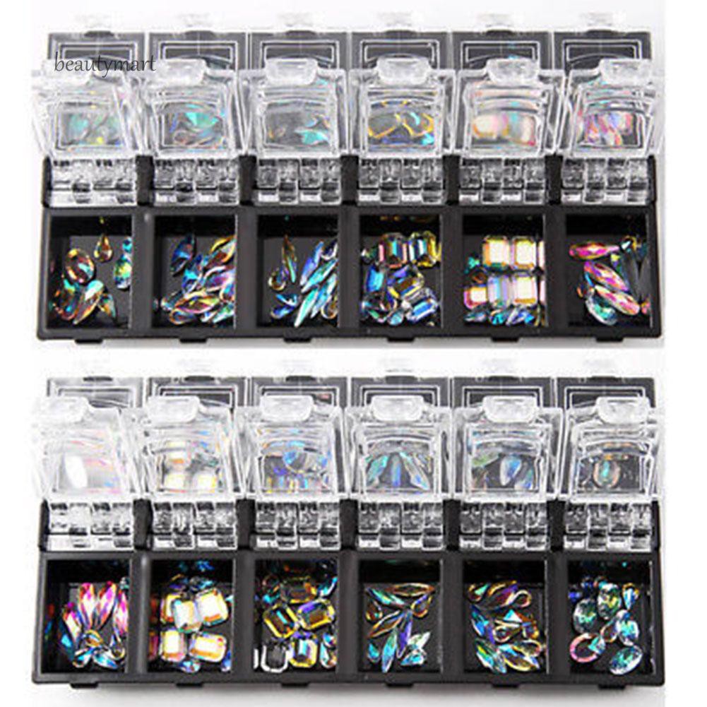 12 hộp kim cương giả 3D nhiều màu sắc trang trí móng tay