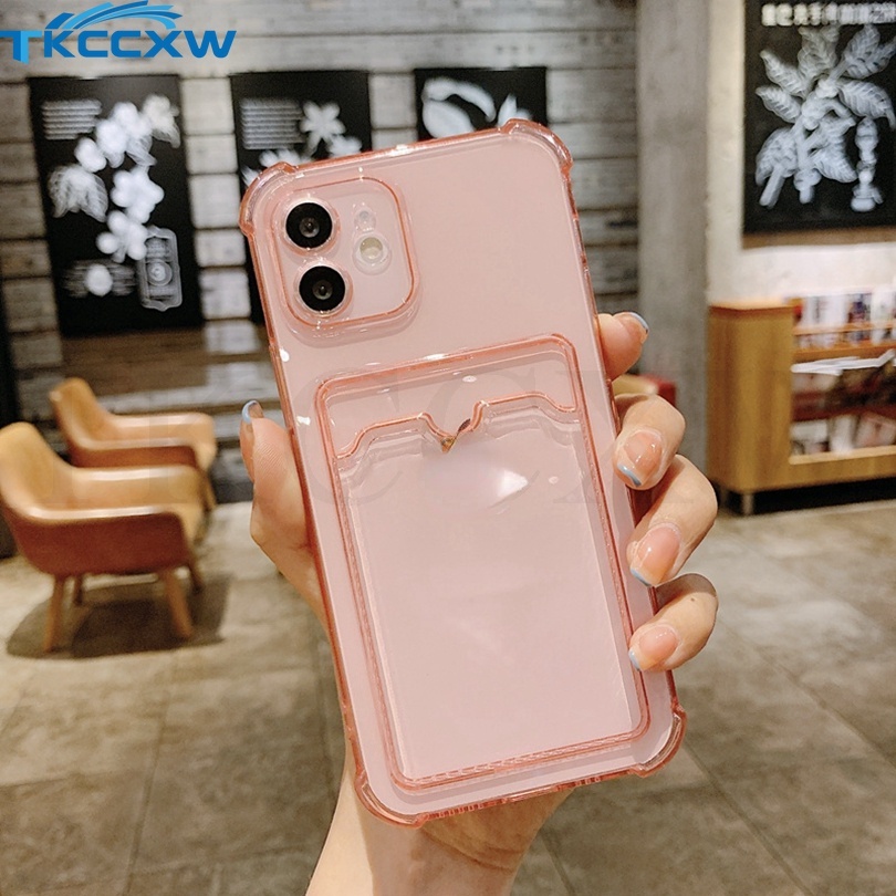 Ốp Điện Thoại TPU Mềm Trong Suốt Có Túi Khí Chống Sốc Màu Trơn Có Ngăn Đựng Thẻ Cho For iPhone 12 13 Pro MAX XS MAX X
