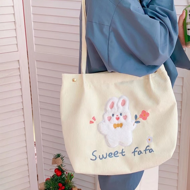 Túi Xách Tote Vải Nhung Kẻ In Hình Thỏ / Gấu Cỡ Lớn Cho Nữ