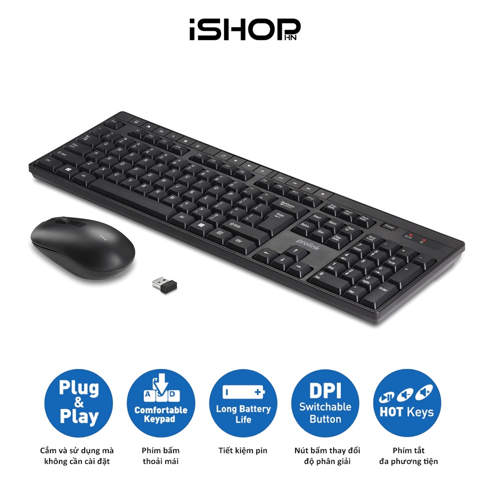 Bộ bàn phím chuột không dây Prolink PCWM7005 Fullsize, chống thấm nước, 14 phím Hotkey, tiết kiệm pin, giá rẻ