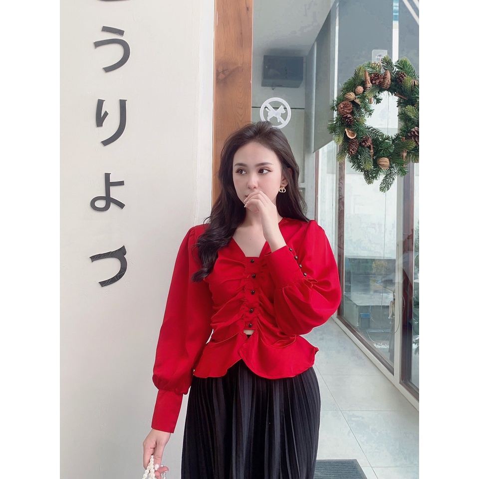 Áo peplum nữ, áo nữ kiểu tay dài cổ v nhíu ngực cực kỳ cá tính phối cúc xòe nhẹ cực xinh hàng cao cấp Diểm Shop | BigBuy360 - bigbuy360.vn