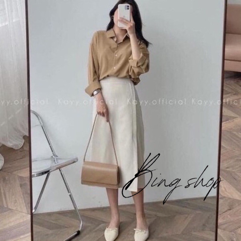 Chân váy midi Bingshop - chân váy xẻ cạp chun dáng dài freeship