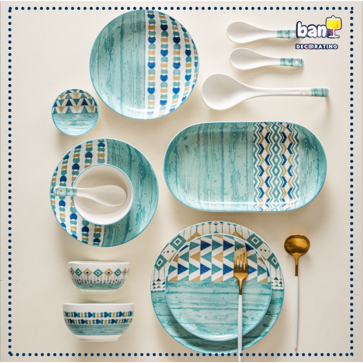 Bộ chén bát hoa văn màu xanh boho
