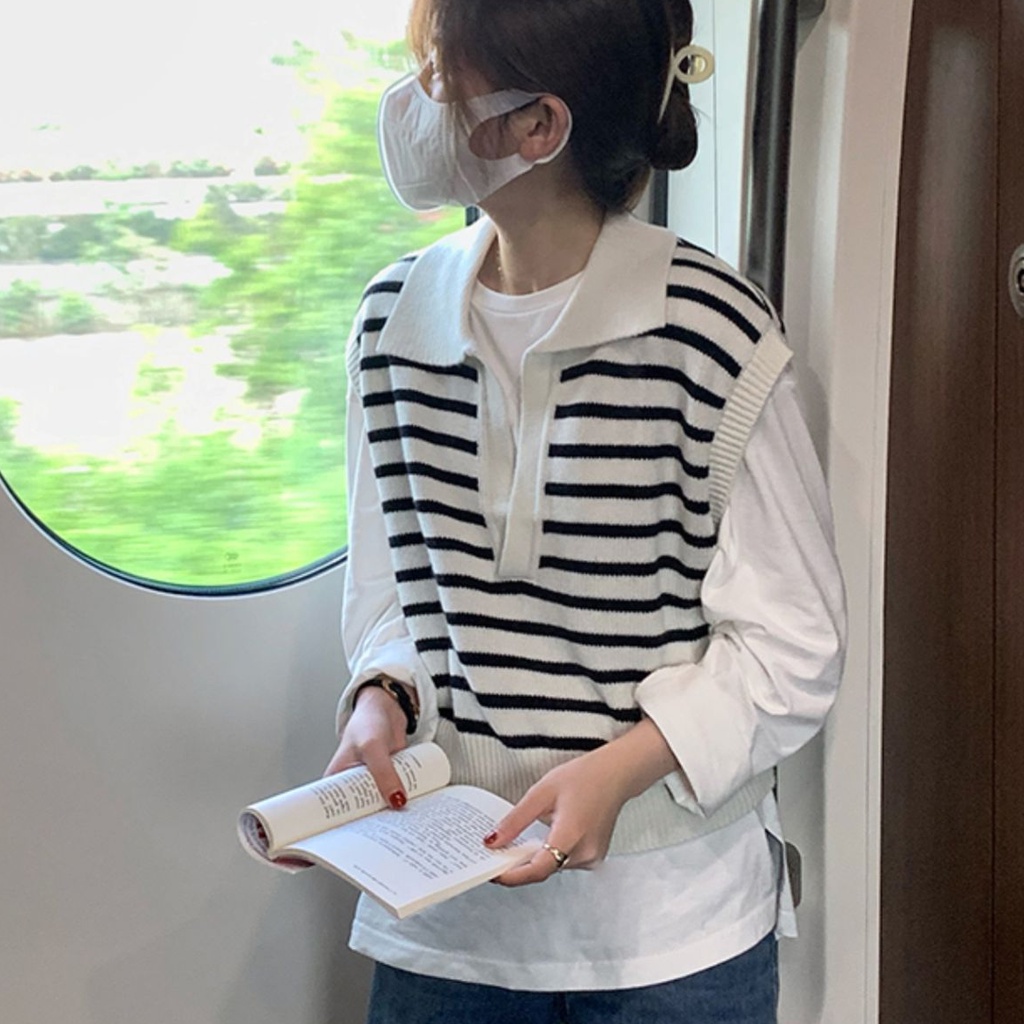 Áo Dệt Kim Sát Nách Dáng Rộng Cổ Bẻ Giả Nhiều Lớp Cá Tính Thời Trang Hàn Quốc Cho Nữ