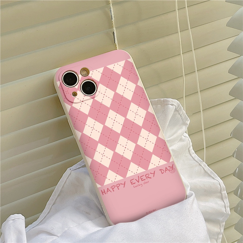 Ốp iphone Họa Tiết Caro hồng Happy every day ốp vuông iphone X / XS 11promax 8plus 13Pro 12Pro X XS XR 7 Plus