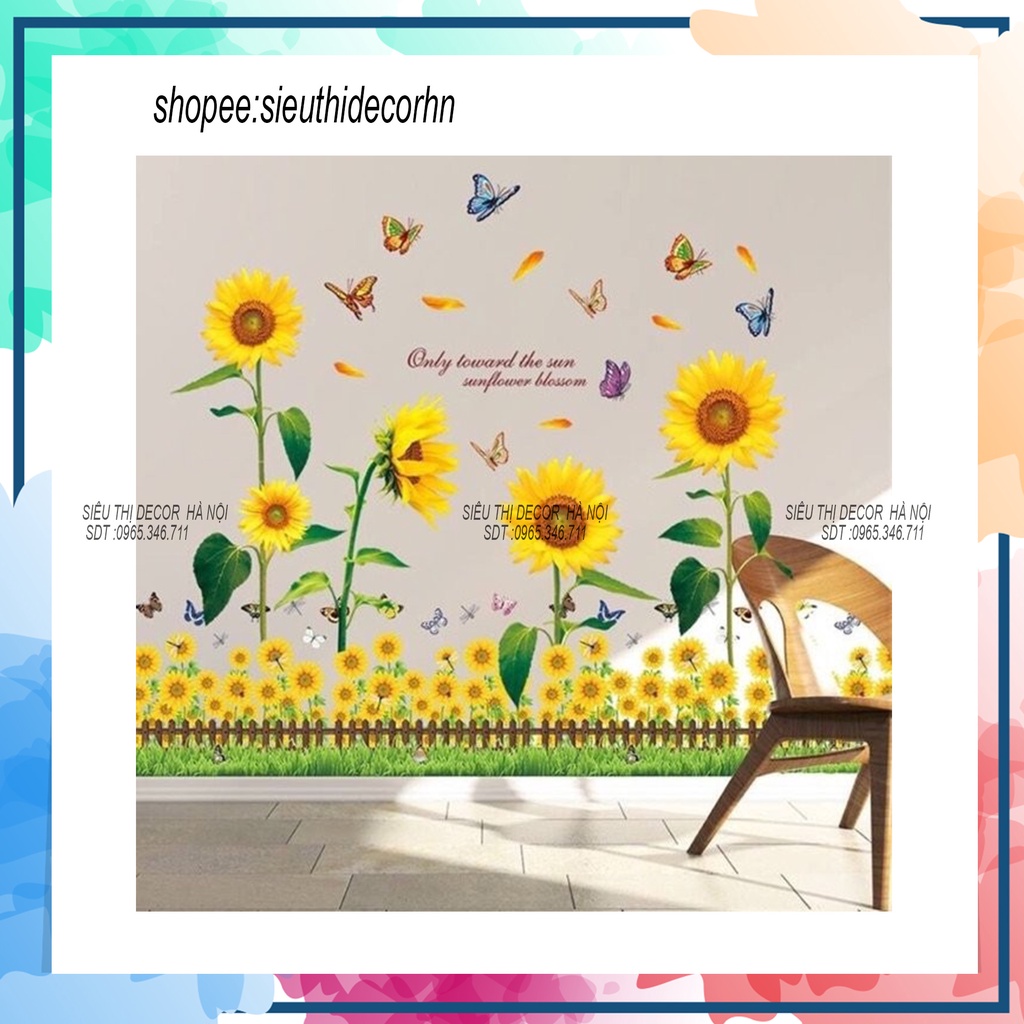 Decal dán tường phòng ngủ HOA HƯỚNG DƯƠNG + Hàng Rào Gỗ. Đề can dán tường Hàn quốc kích thước 60x90cm