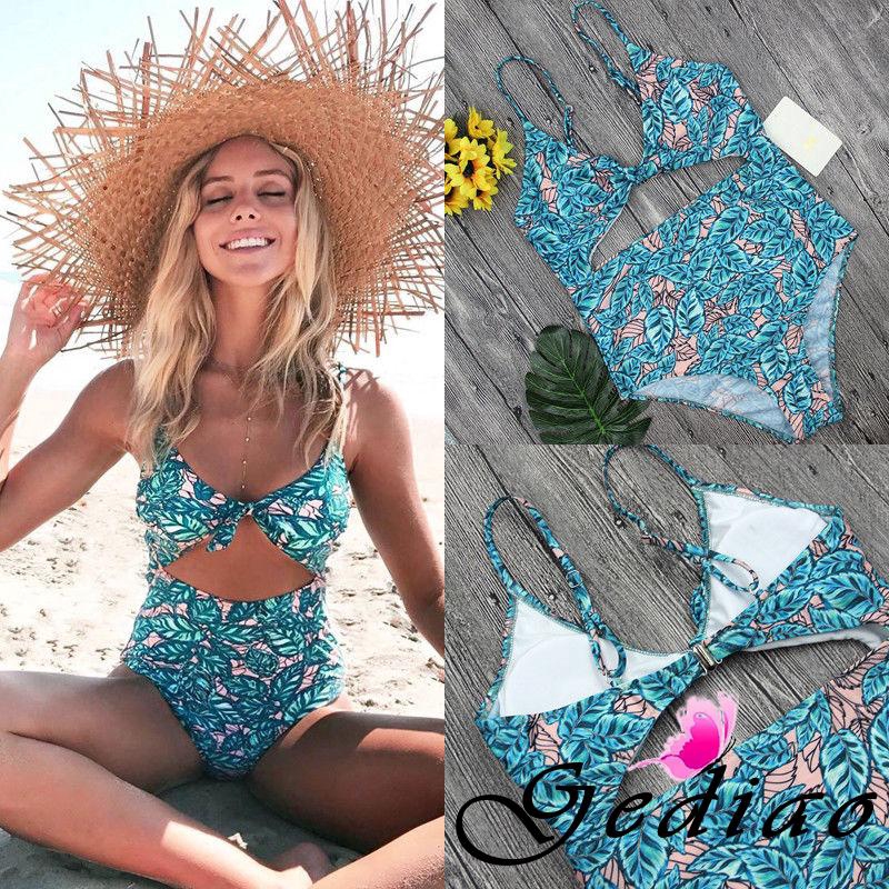 Bộ bikini 1 mảnh 2 dây họa tiết lá tươi trẻ xinh xắn