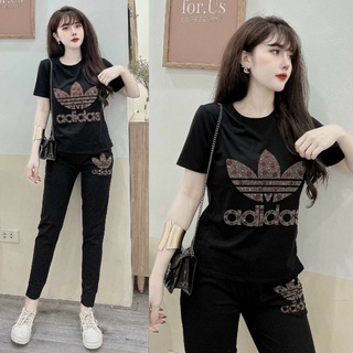 Đồ bộ dài thun cotton đính đá ba lá (2 màu đen, đỏ)