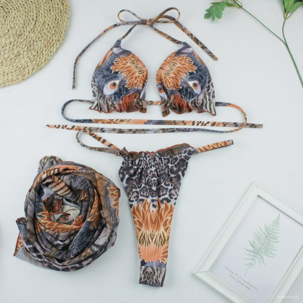 Bộ Đồ Bơi Bikini 3 Mảnh Họa Tiết Động Vật Hoang Dã Kèm Vỏ Bọc Bằng Lưới Cho Nữ