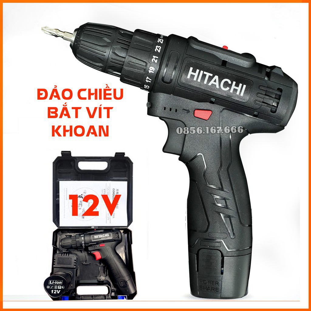 Máy khoan pin HITACHI 12V, Bắn Vít, Vặn vít - Khoan cầm tay 2 cấp tốc độ, 100% đồng, Siêu bền, Có Đèn