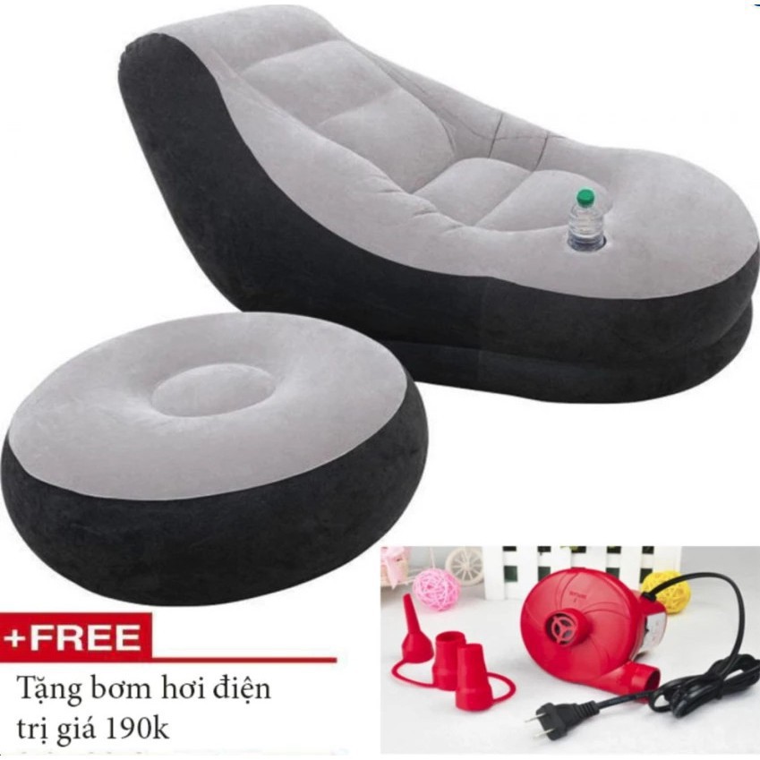 Ghế hơi tựa lưng bọc nhung Lazy Sofa, có đôn gác chân tặng bơm hơi điện 220V - HanruiOffical