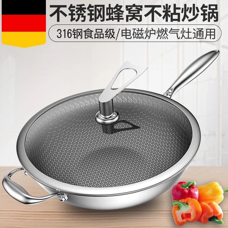 Chảo chống dính chảo inox 316 chảo chống dính gia đình không có lớp phủ Chảo đáy phẳng, bếp từ, bếp ga, đa năng