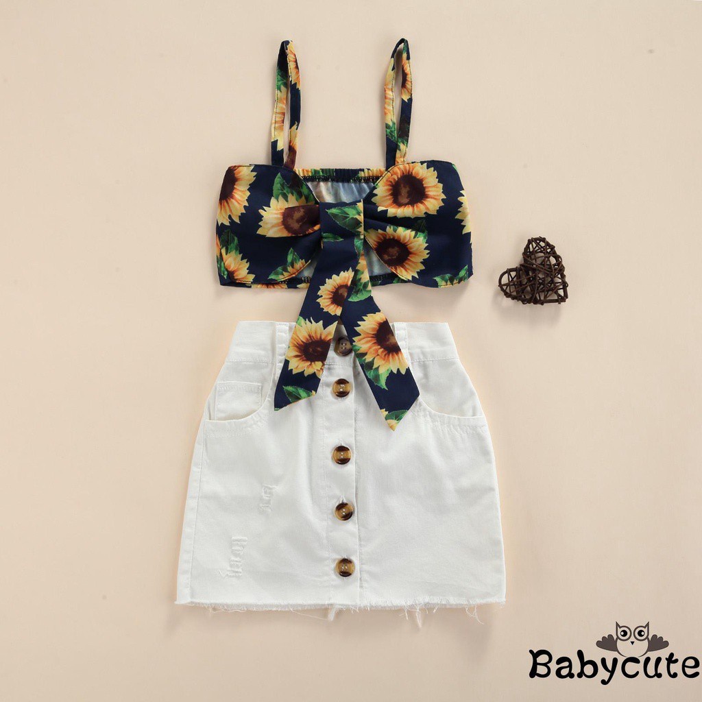 Set Áo Hai Dây + Chân Váy Họa Tiết Hoa Hướng Dương Dễ Thương Cho Bé Gái