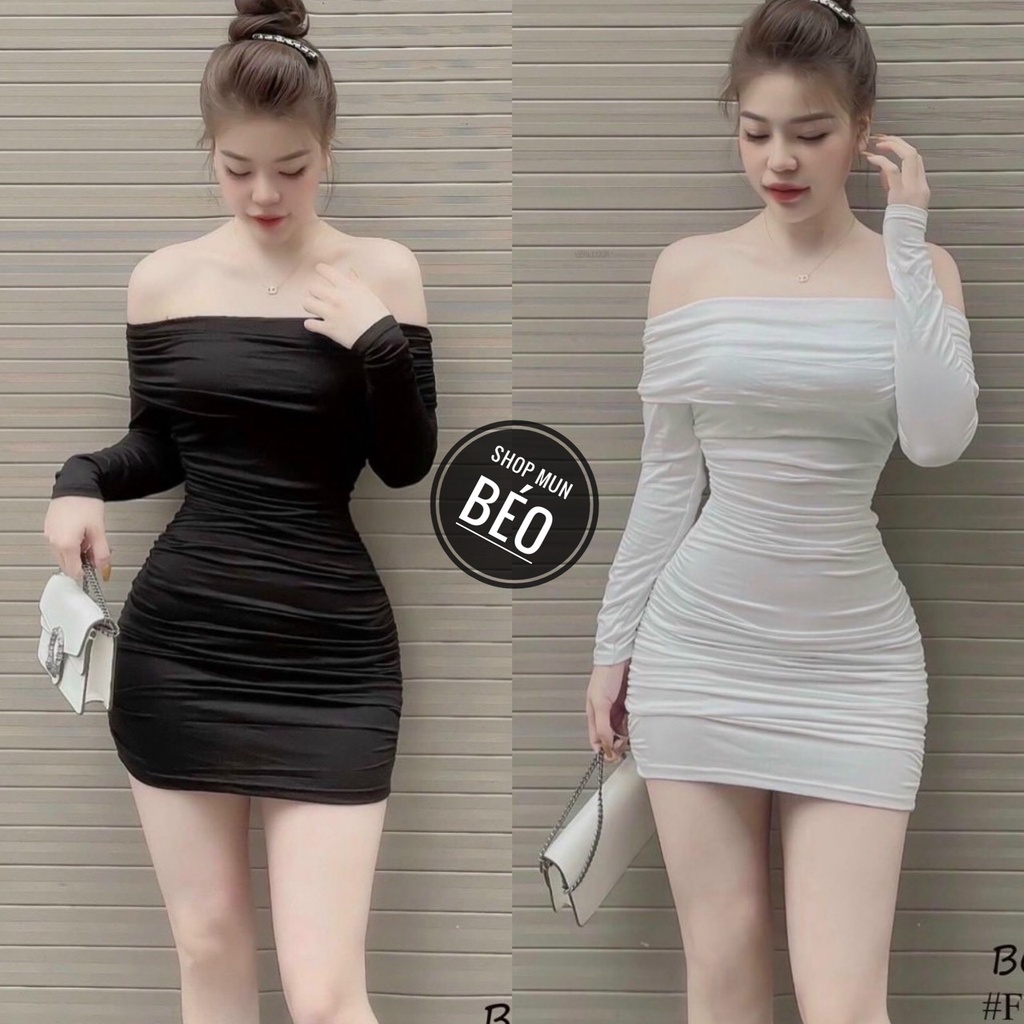 Đầm Body Trễ Vai Tay Dài Bẹ To Phom Ngắn Chất Thun Gân Thích Hợp Mặc Đi Tiệc Đi Làm Đi Chơi