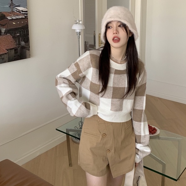 Áo sweater dệt kim cổ tròn tay dài dáng rộng họa tiết kẻ sọc thời trang dành cho nữ 46563