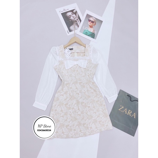 Váy gấm xốp phối nơ ngực phối tay voan siêu xinh