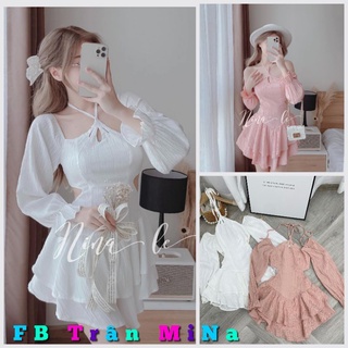 Đầm tầng tay dài cutout cổ yếm 2 màu