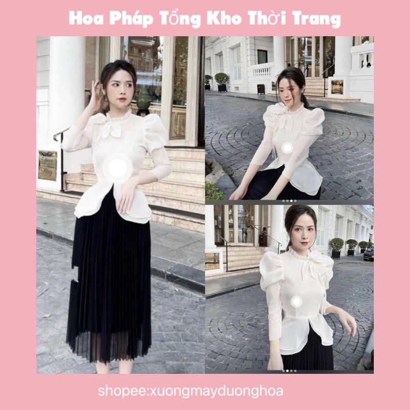 Áo sơ mi tơ 2 lớp cổ nơ cách điệu siêu xinh tiểu thư(kèm ảnh thật)