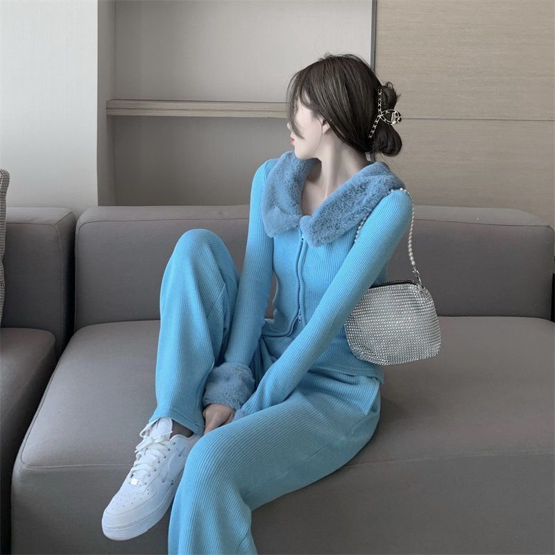 Set áo khoác cardigan dệt kim cổ kéo khóa + quần dài lưng cao thời trang xuân thu cho nữ có bán lẻ