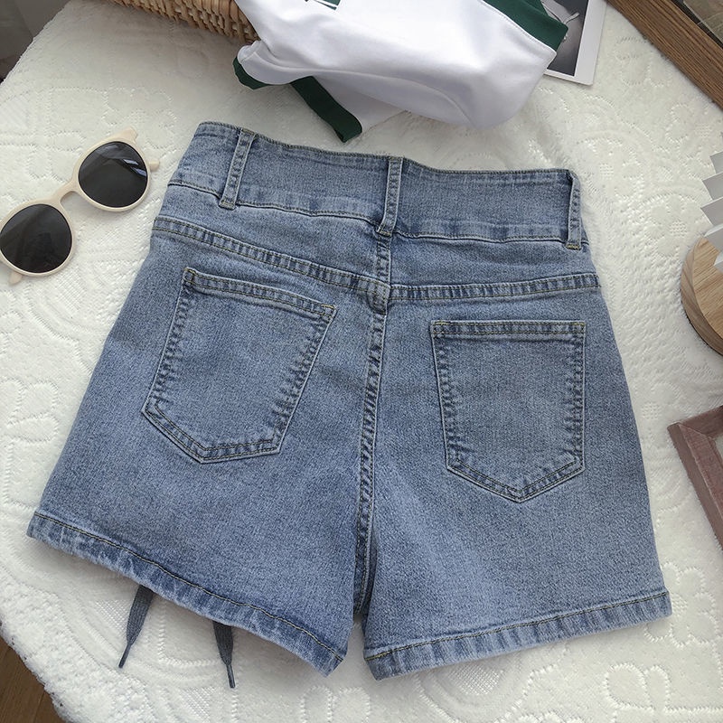 Tie cross-waist large-size denim wide-leg shorts women's 2022 summer dress Korean version show thin A hot pants trend