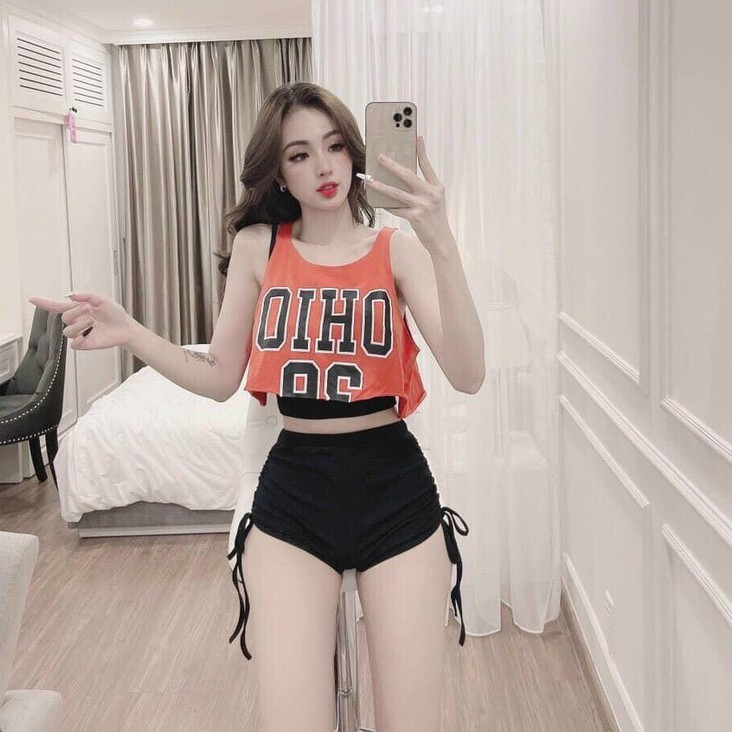 Sét bộ áo croptop form rộng kèm áo hai dây trơn phối quần rút dây cực xinh , chất thun mềm mịn