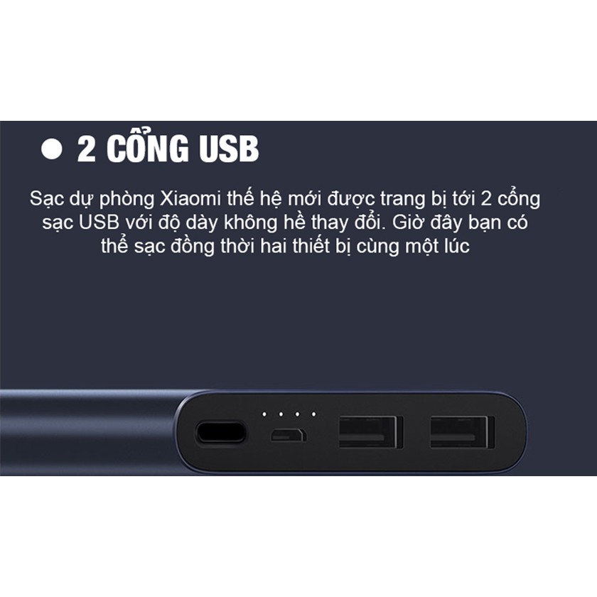 Sạc dự phòng Xiaomi Gen 2 chính hãng dung lượng 10000mAh có đèn báo l Sạc pin dự phòng Xiaomi gen 2 2 cổng sạc, BH 1 NĂM