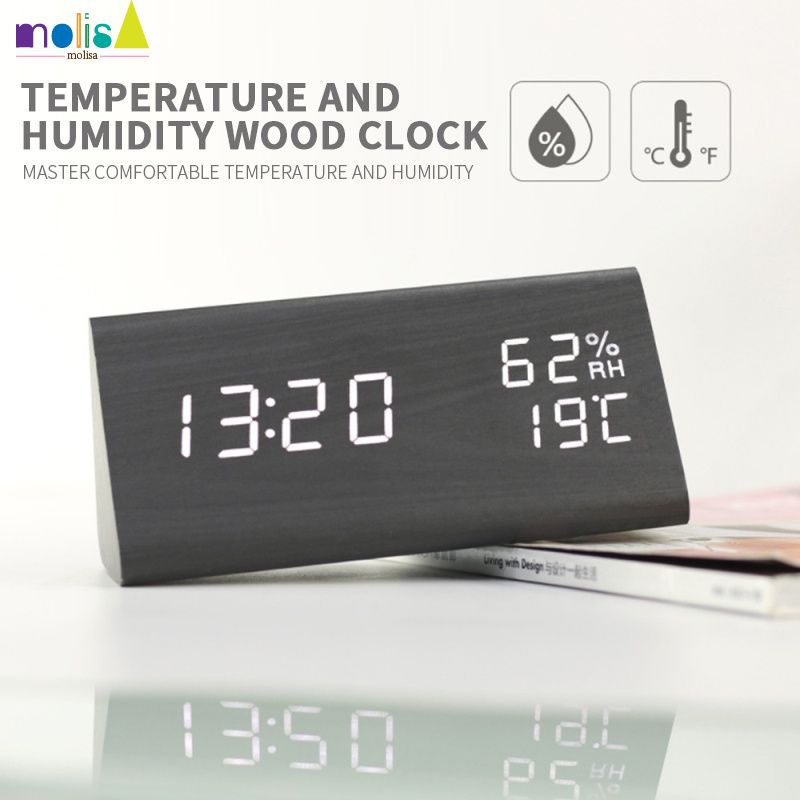 Đồng hồ báo thức điện tử bằng gỗ hình tam giác điều khiển bằng giọng nói hiển thị nhiệt độ và độ ẩm