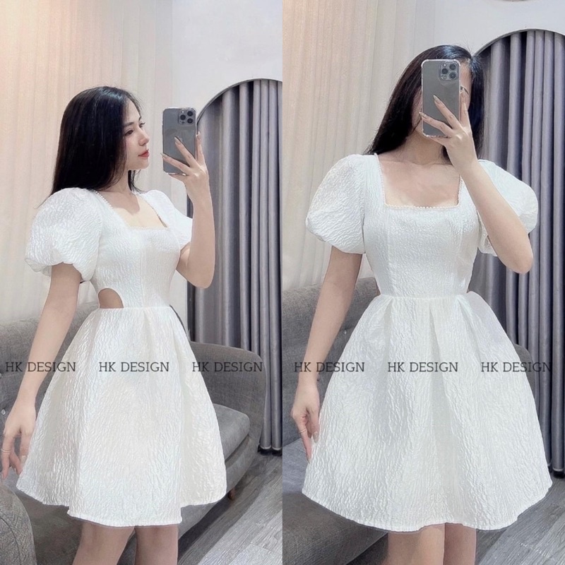 [Sỉ] Đầm Trắng Xốp Viền Ngọc Khoét Eo Siêu Xinh