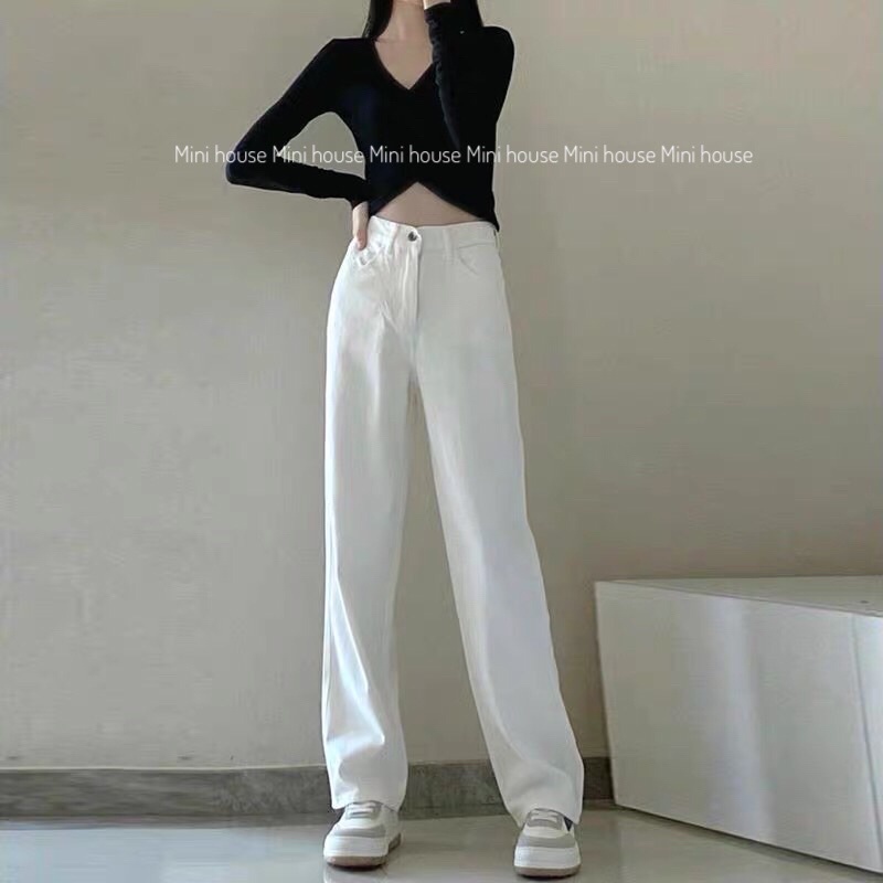 Quần jean suông ống rộng cạp cao nữ màu trắng | WebRaoVat - webraovat.net.vn