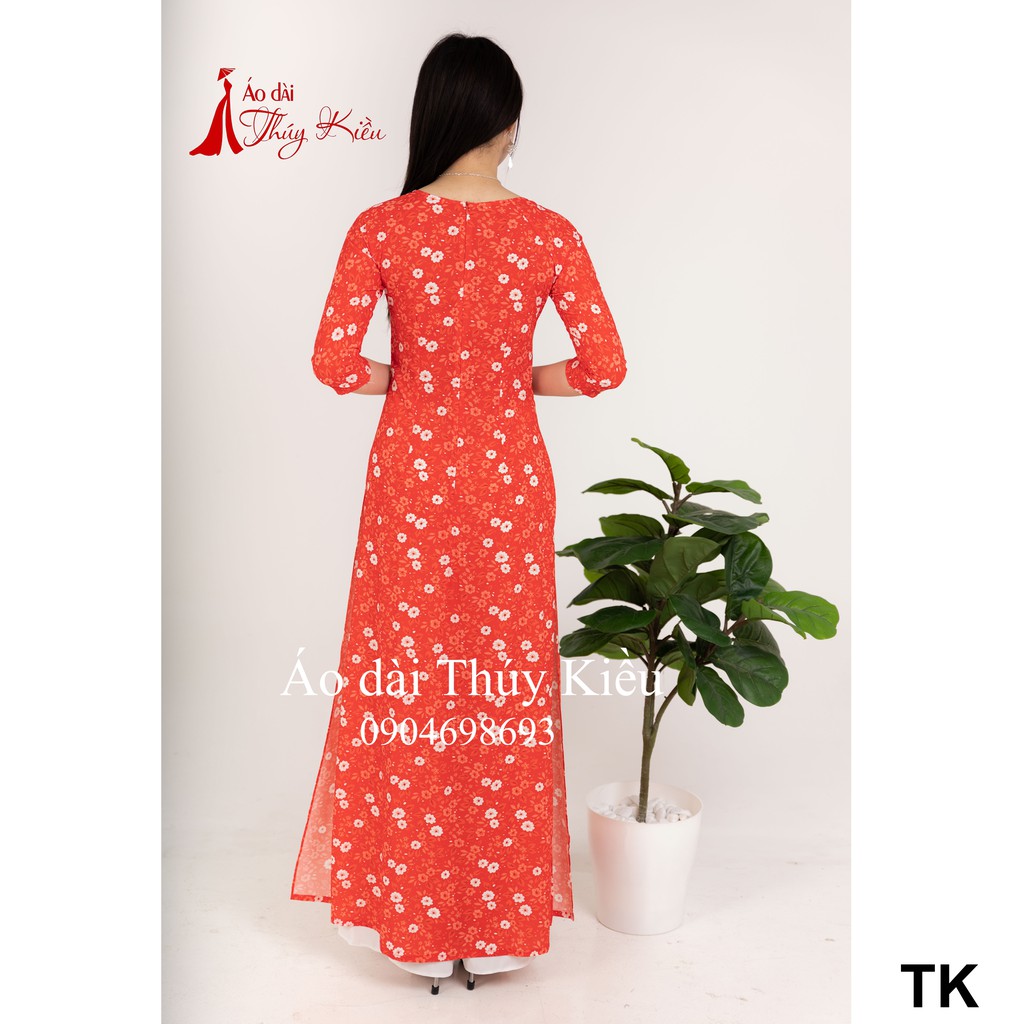 Áo dài nữ may sẵn thiết kế hoa nhí đẹp cách tân tết nền đỏ K33 Thúy Kiều mềm mại, co giãn, áo dài giá rẻ