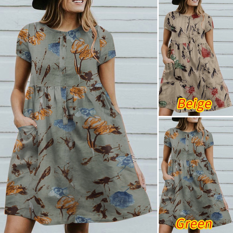 Đầm ZANZEA tay ngắn cổ tròn in họa tiết phong cách retro châu âu thích hợp cho nữ