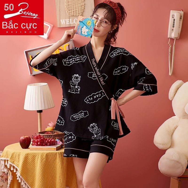 Áo kimono Nhật Bản Phụ nữ có thể mặc đồ mùa xuân và thu tại nhà với bộ ngắn tay dễ thương Bông tinh khiết hè mới