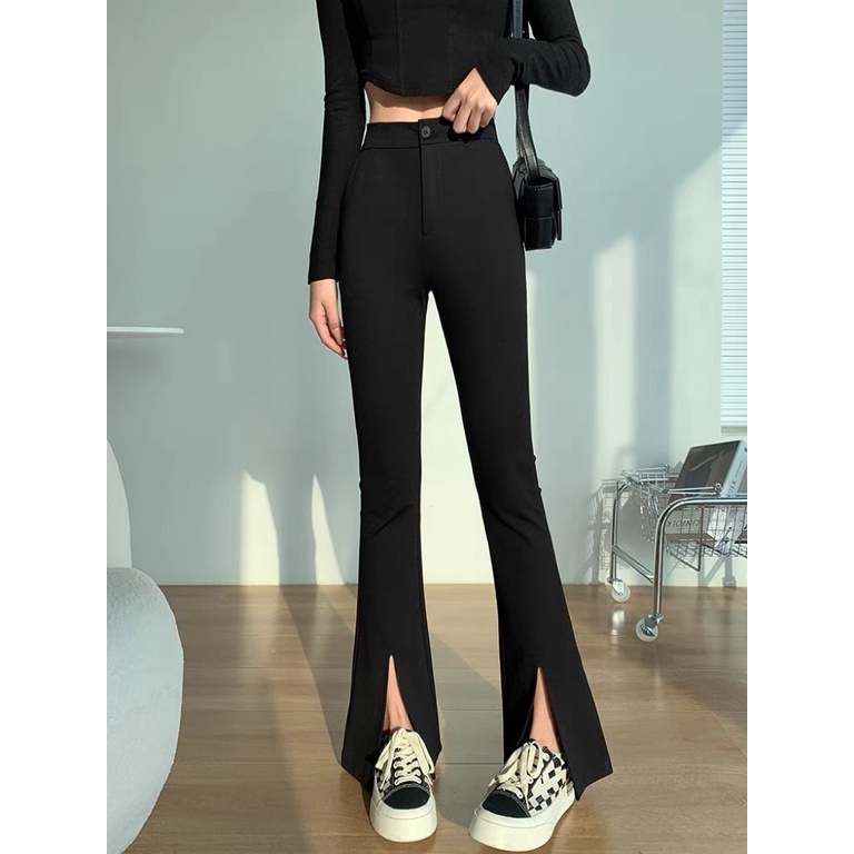 Quần ống loe cạp cao nữ xẻ gấu trước hàng Quảng Châu, quần legging nữ ôm ống loe siêu tôn dáng, hách dáng, co giãn