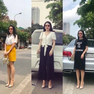 Áo lụa cổ cheo+ áo cột nơ+ váy suông den