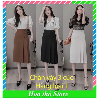 Chân váy dài chữ A công sở qua gối lưng cao xếp ly 3 cúc - Chân váy chữ A dáng dài vải dày mặc đi làm tiệc