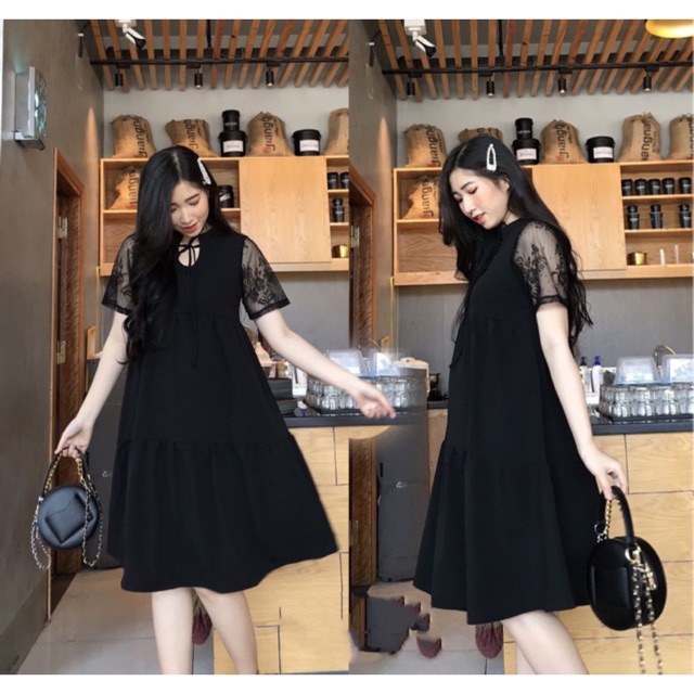 Váy bầu đen cổ tàu phối ren còn size S:40-60kg