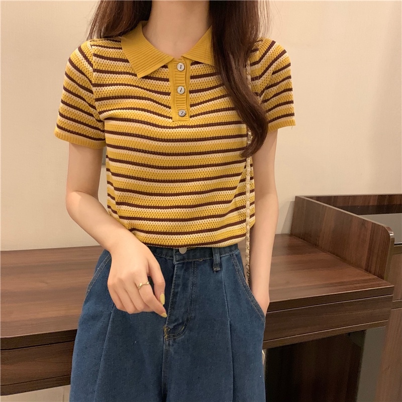 Áo thun ZHELIHANGFEI polo dệt kim tay ngắn kẻ sọc thời trang mùa hè dễ phối đồ cho nữ