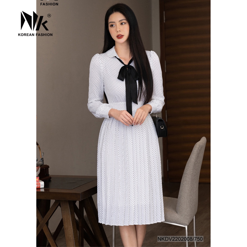 Đầm Chấm Bi Nữ NK Fashion Thiết Kế Dập Ly Kết Hợp Nơ Rời Tạo Vẻ Nữ Tính, Chất Liệu Vải Cao Cấp, Không Nhăn NKDV2202008