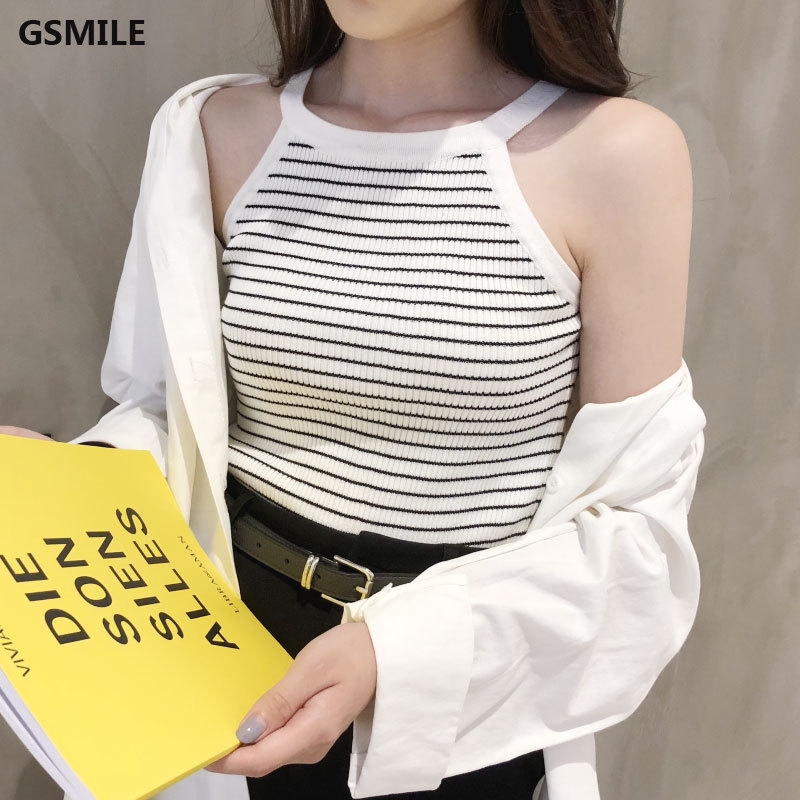 Tank Top Women Korean Trendy Casual Solid Color Knitted Sleeveless Off Tops