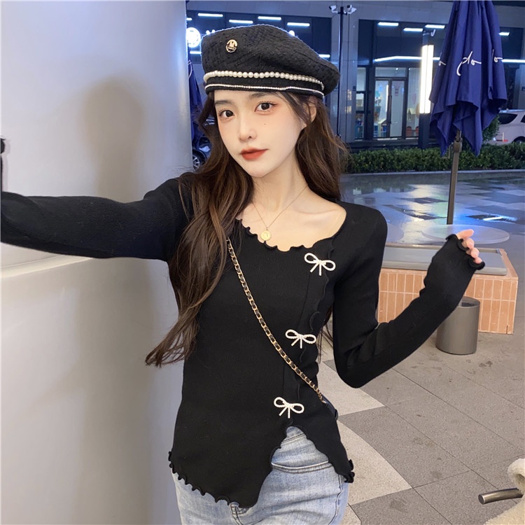 Áo dệt kim QKOOLE tay dài dáng ôm cổ chữ V đơn giản phong cách Hàn Quốc dành cho nữ