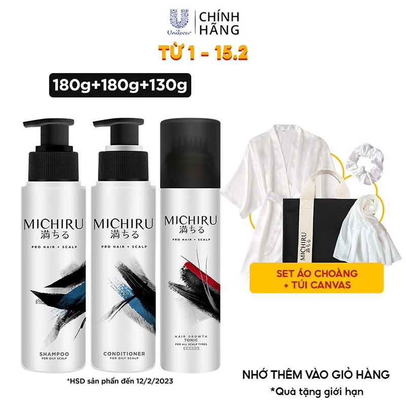 Bộ dầu gội + xả + tonic Michiru Nhật cao cấp ngăn ngừa rụng tóc cho da dầu (180gr x2, 130gr)