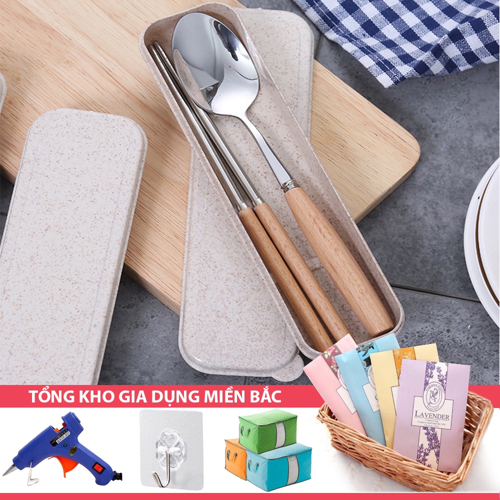 [Tổng Kho Sỉ] Set Đũa - Thìa Cá Nhân Ăn Cơm Trưa Văn Phòng INOX 304 Cán Gỗ T3 - Tặng Hộp Lúa Mạch Cao Cấp