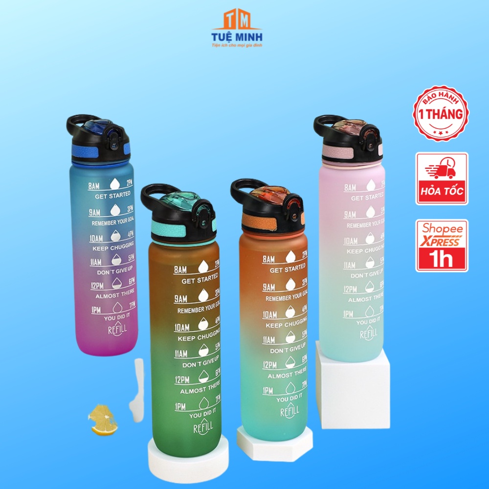 Bình đựng nước 1l có quai xách kèm ống hút tiện lợi có chế độ nhắc nhở uống nước.